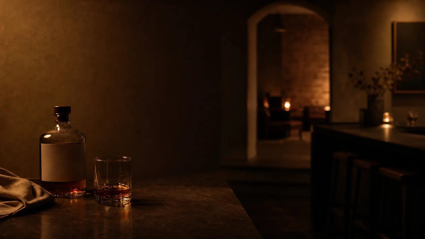 A warm, low-lit room with a single amber drink, open and inviting.
